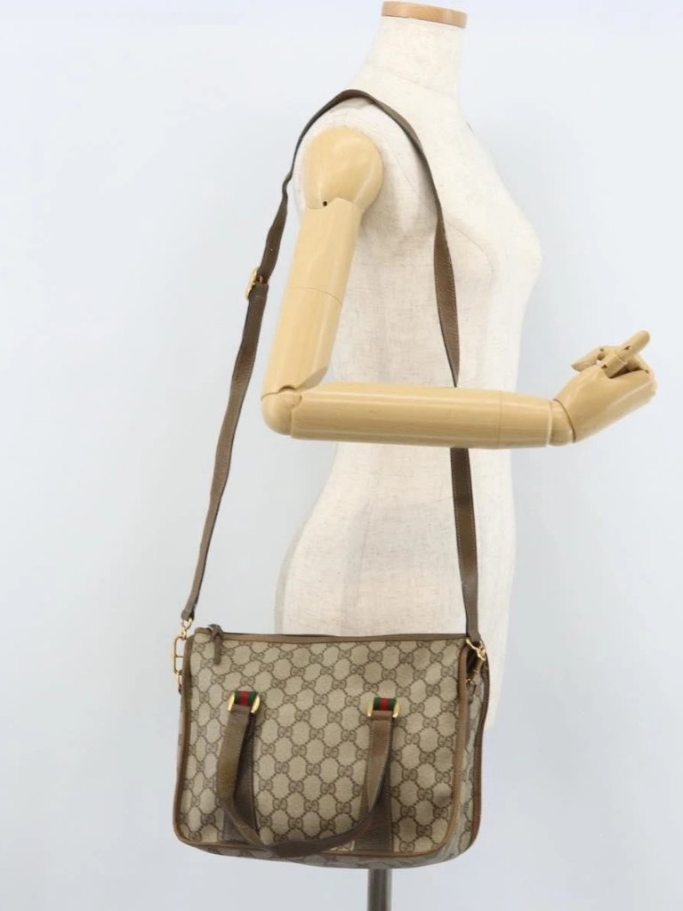 Gucci Gg Supreme Web Sherry Line Tote Bag Pvc Beige Gold
